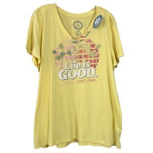Life Is Good Yellow V Neck Classic Fit Good Vibes Only T Shirt Sz XL NWT
